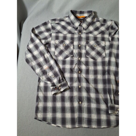 Orvis Shirt Mens Medium Gray Pearl Snap Dual Pockets Active Fit Plaid Western - Picture 2 of 10